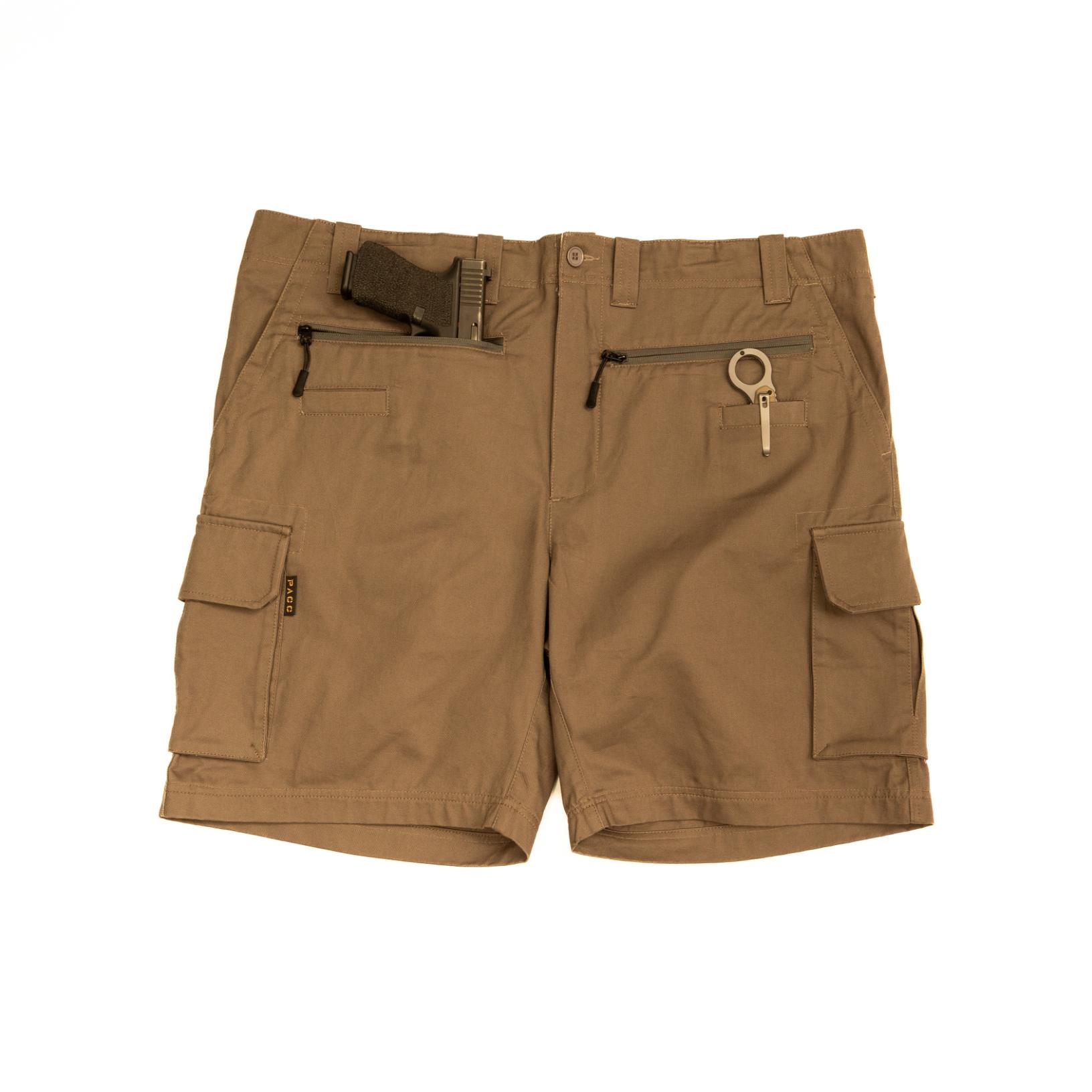 Pistol Pants cargo shorts in Coyote Brown with concealed firearm and knife