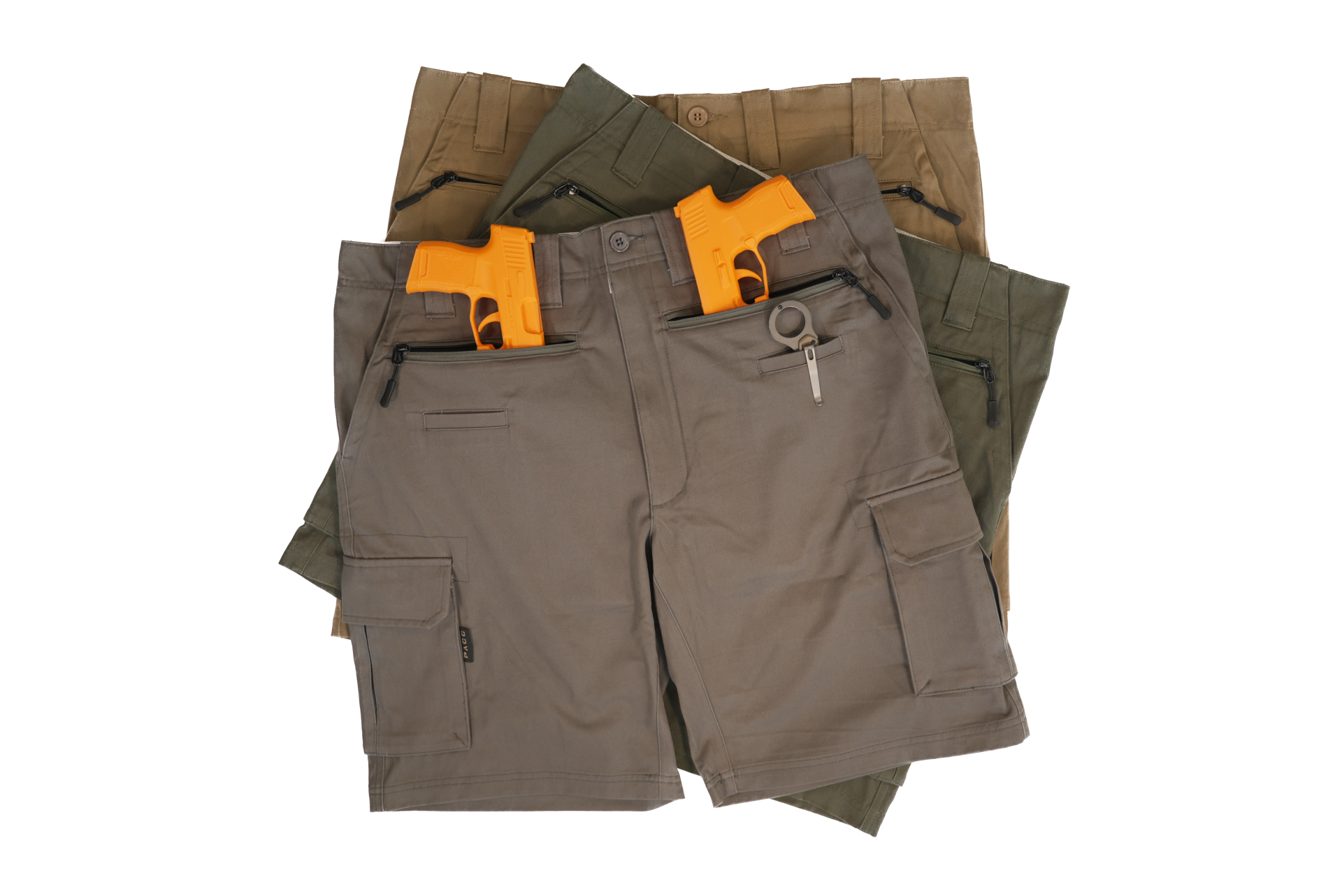 Pistol Pants concealed carry cargo shorts in Coyote Brown, OD Green and Gray